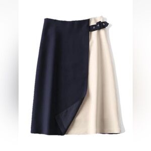 Navy And Beige Wrap Knee Length Skirt With Overlapping Panels, NWOT, Elegant